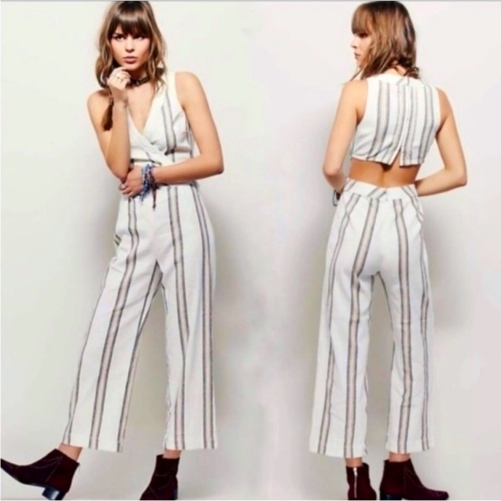 Free People striped linen and cotton blend open back jumpsuit, size 0, fits 6-8 - Picture 10 of 10